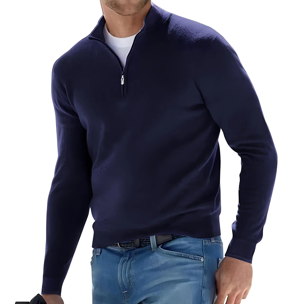 Men's Sweatwear Warm Pullover Solid Color Half Zipper Casual Sweater Slim V-neck Long Sleeve