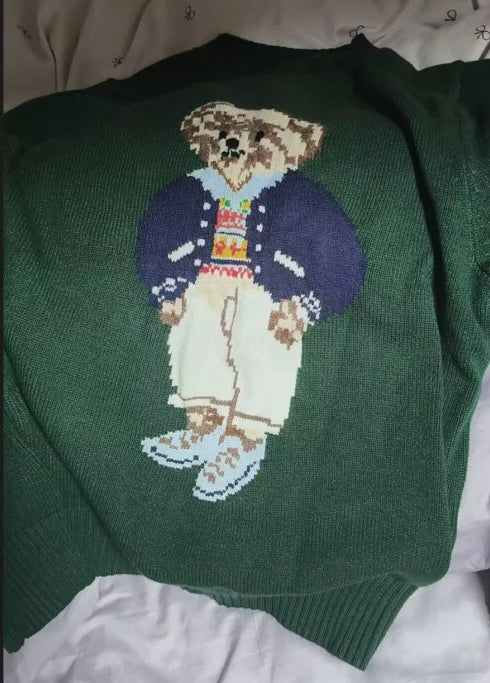 Cartoon Teddy Bear Knitted Embroidery Pullover Women 2025 New Autumn Round Neck Female Knitted Sweater Casual Womens Tops