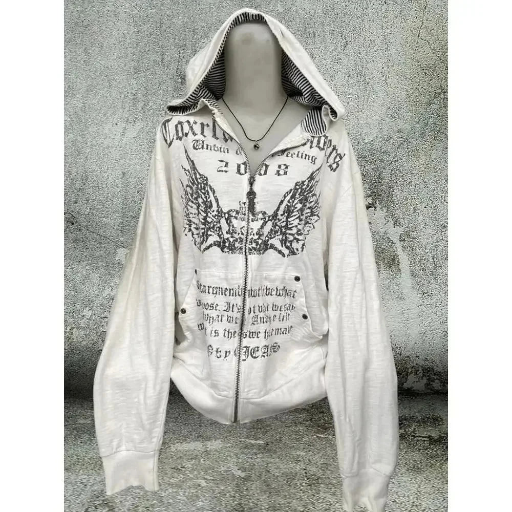 Hoodies Women Vintage Sweatshirts 2025 Women's Clothes White Print Tunic Hooded Y2k Coat Streetwear Fashion Casual Hoodies Tops Ropa Mujer