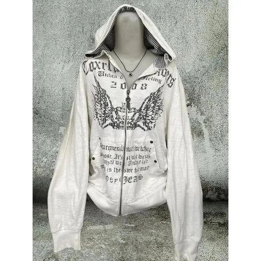 Hoodies Women Vintage Sweatshirts 2025 Women's Clothes White Print Tunic Hooded Y2k Coat Streetwear Fashion Casual Hoodies Tops Ropa Mujer