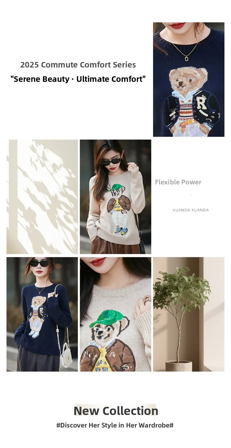 Thickened Woolen Knitted Sweater round Neck Embroidery Cartoon Bear Women's Base Shirt Autumn Winter New Style Premium Spun Wool