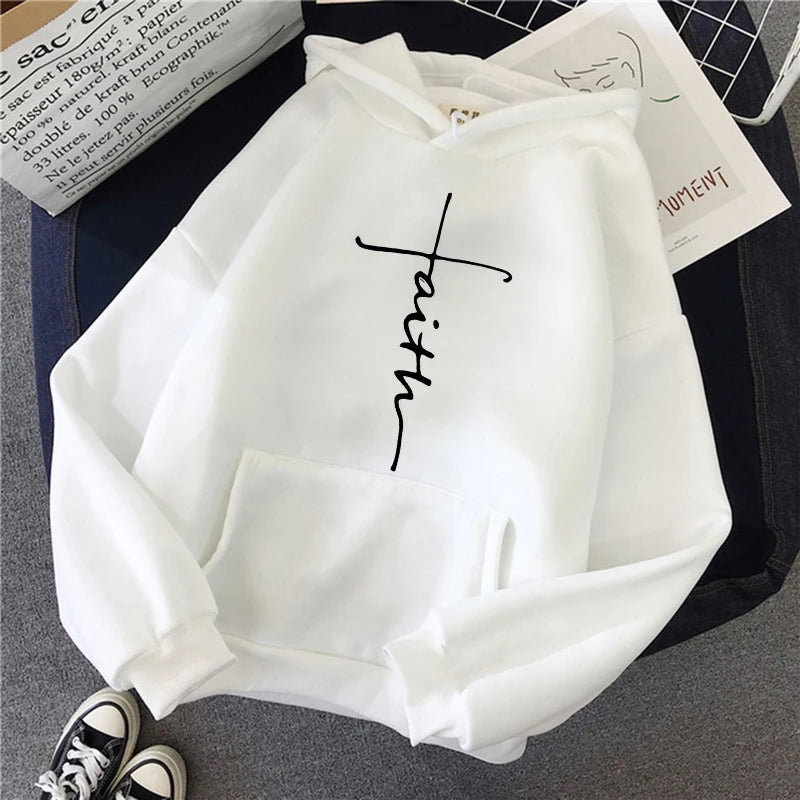 Women'S Fall Winter Hooded Streetwear Faith Print Back Hoodies Casual Drawstring Long Sleeve Kangaroo Pocket Sweatshirt Clothing