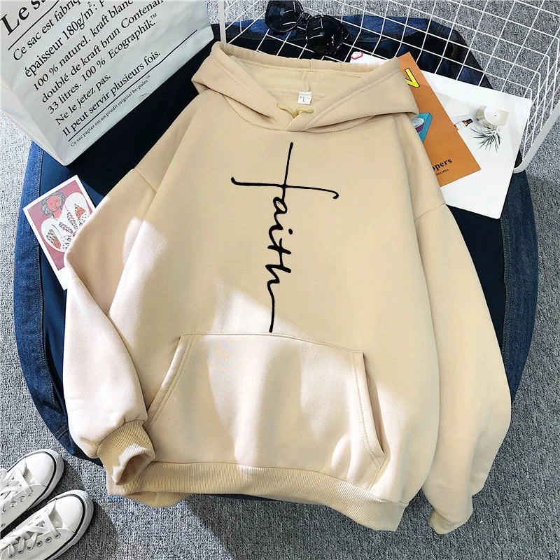 Women'S Fall Winter Hooded Streetwear Faith Print Back Hoodies Casual Drawstring Long Sleeve Kangaroo Pocket Sweatshirt Clothing