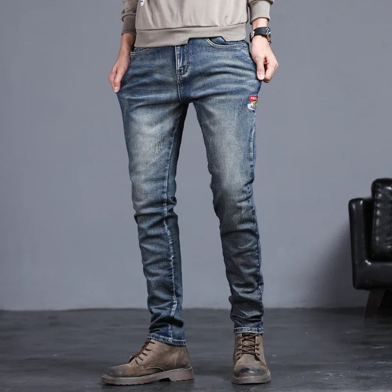 Men's Vintage Jeans Korean Fashion Slim Little Feet Embroidered Trousers Stretch Male Streetwear Denim Pants