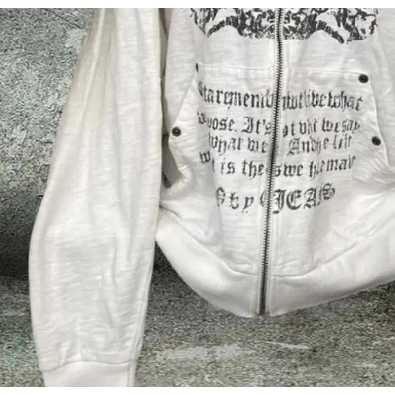 Hoodies Women Vintage Sweatshirts 2025 Women's Clothes White Print Tunic Hooded Y2k Coat Streetwear Fashion Casual Hoodies Tops Ropa Mujer