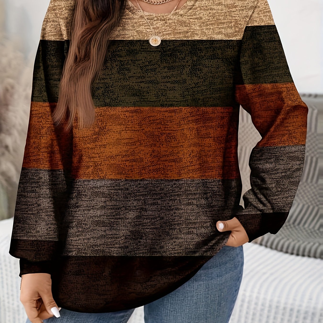 Plus Size - Plus Size - Plus Size - Plus Size - Plus Size, Women'S Plus Size Elegant Long Sleeve T-Shirt - Stretchy Crew Neck Top with Vertical Stripes in Brown