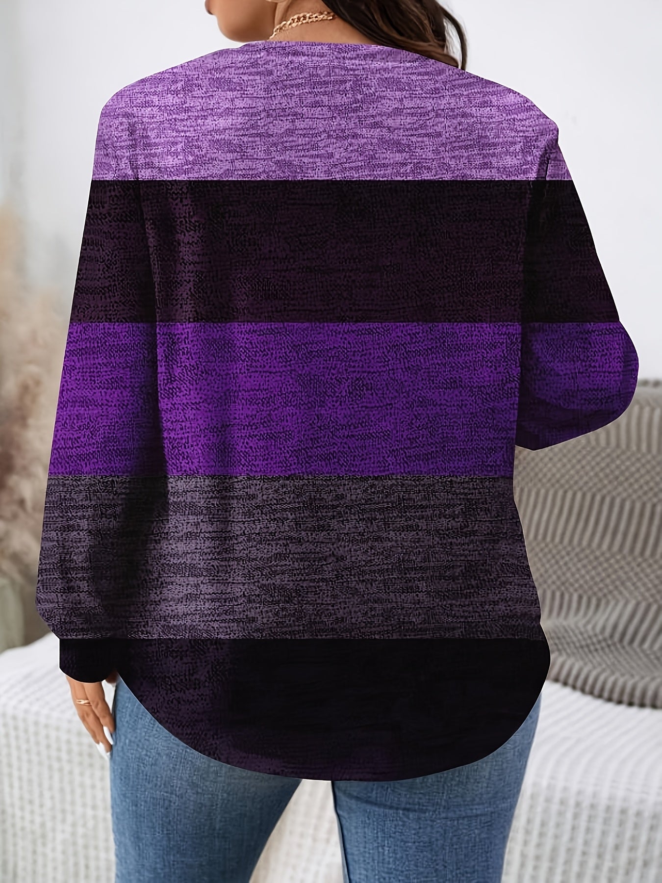 Plus Size - Plus Size - Plus Size - Plus Size - Plus Size, Women'S Plus Size Elegant Long Sleeve T-Shirt - Stretchy Crew Neck Top with Vertical Stripes in Brown