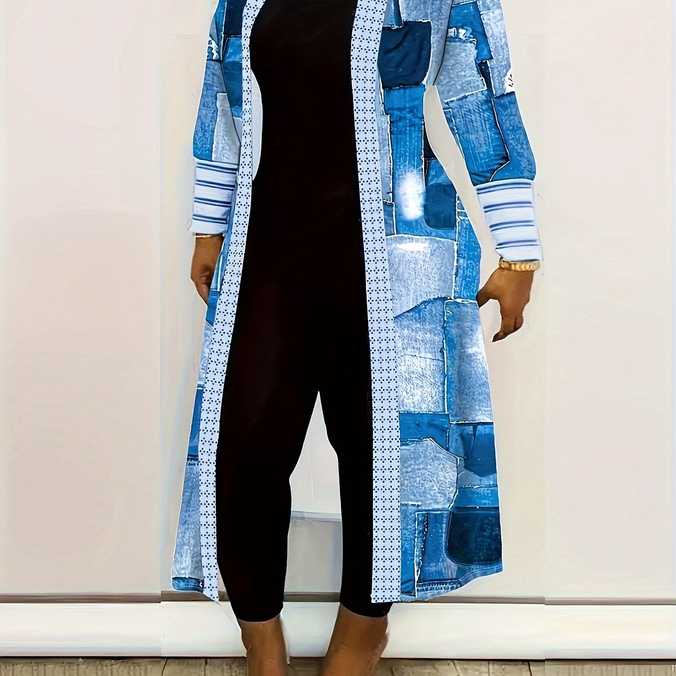 Fashion New Nuel Women's Color Block Patchwork Long Sleeve Cardigan Casual Open Front Coat Black