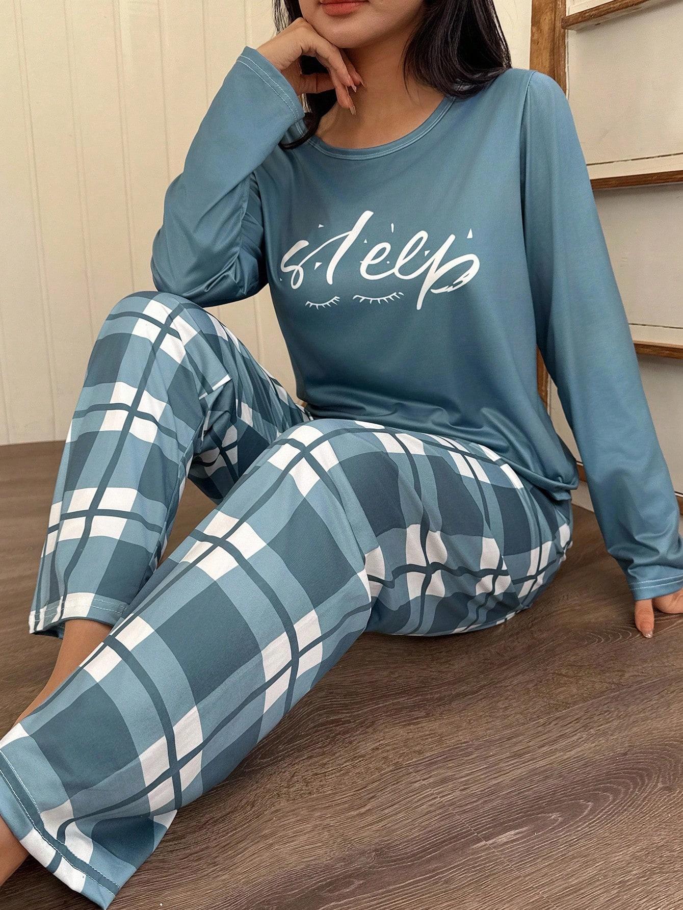 Women's Letter Print Round Neck Long Sleeve Top and Plaid Pants Sleepwear Set