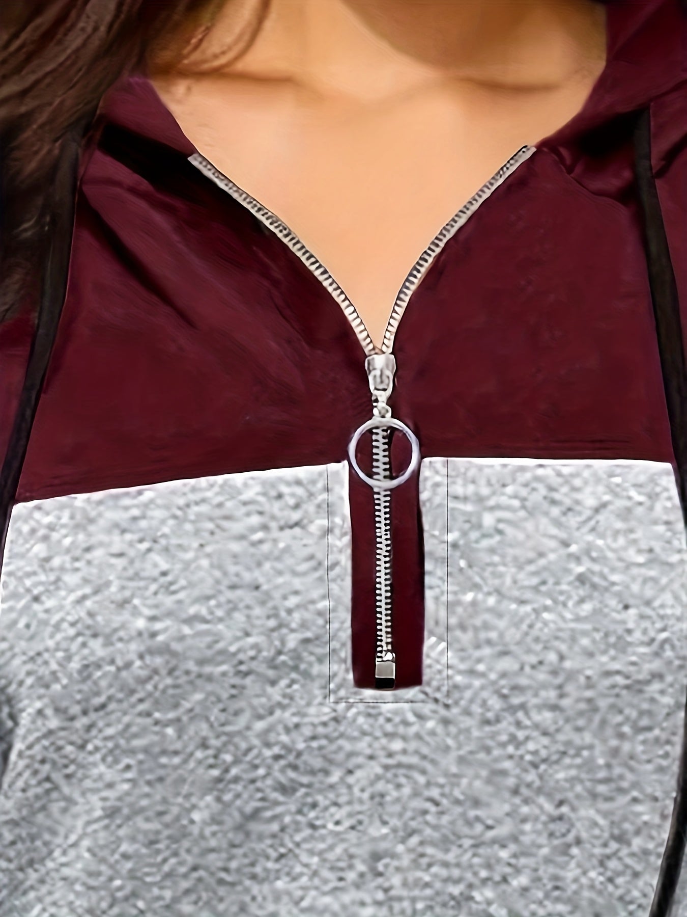 [Women's Zip-Up Hoodie] Burgundy & Dark Tone Color Block Women's Zip-Up Hoodie - Full-Zip Front Closure, Machine Washable Winter Coat for Casual & Formal Outfits, Hooded Sweatshirt, Sleek Fabric