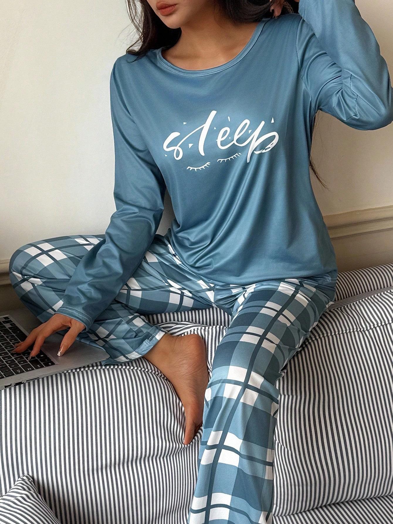 Women's Letter Print Round Neck Long Sleeve Top and Plaid Pants Sleepwear Set