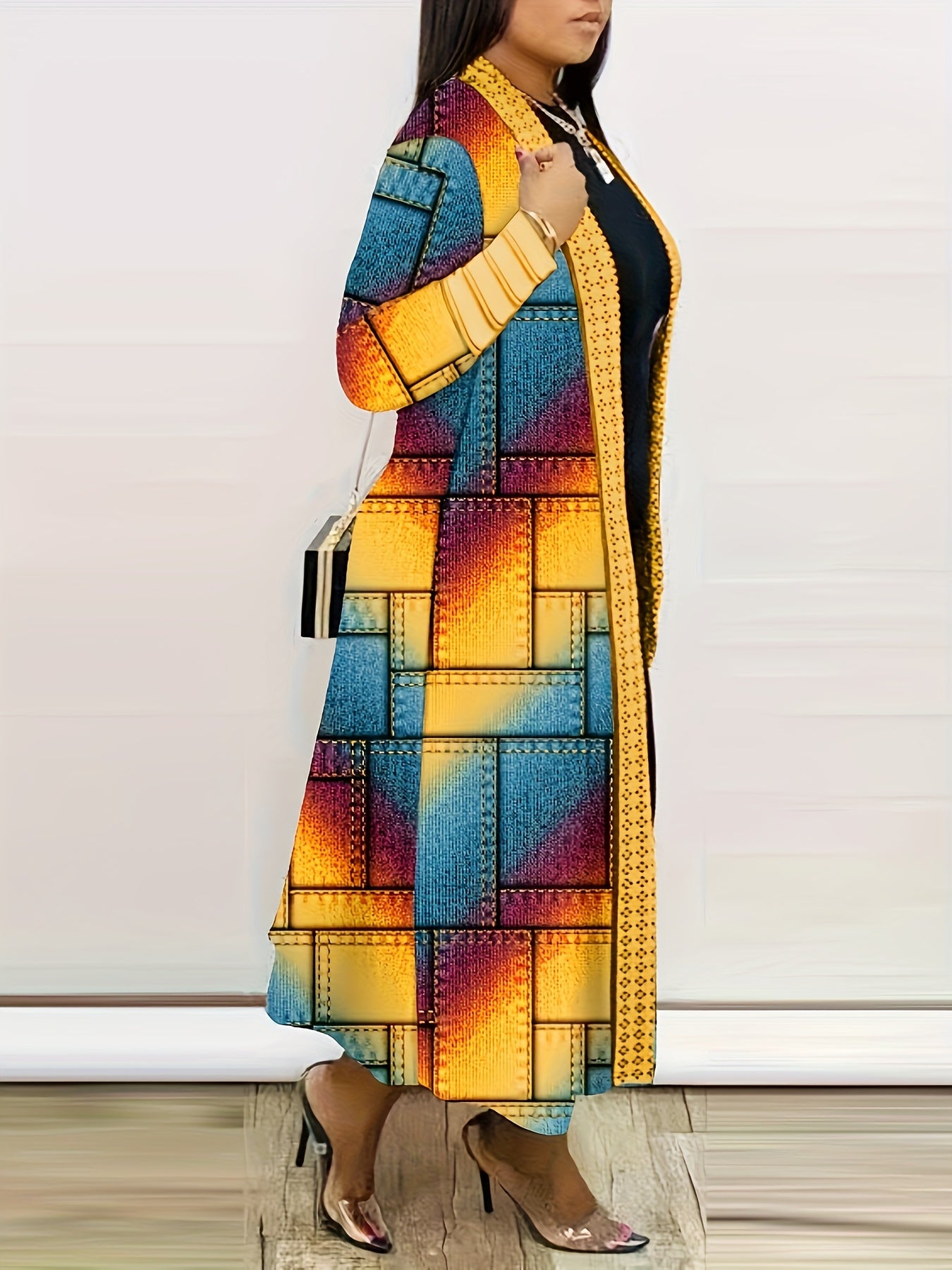 Fashion New Nuel Women's Color Block Patchwork Long Sleeve Cardigan Casual Open Front Coat Black