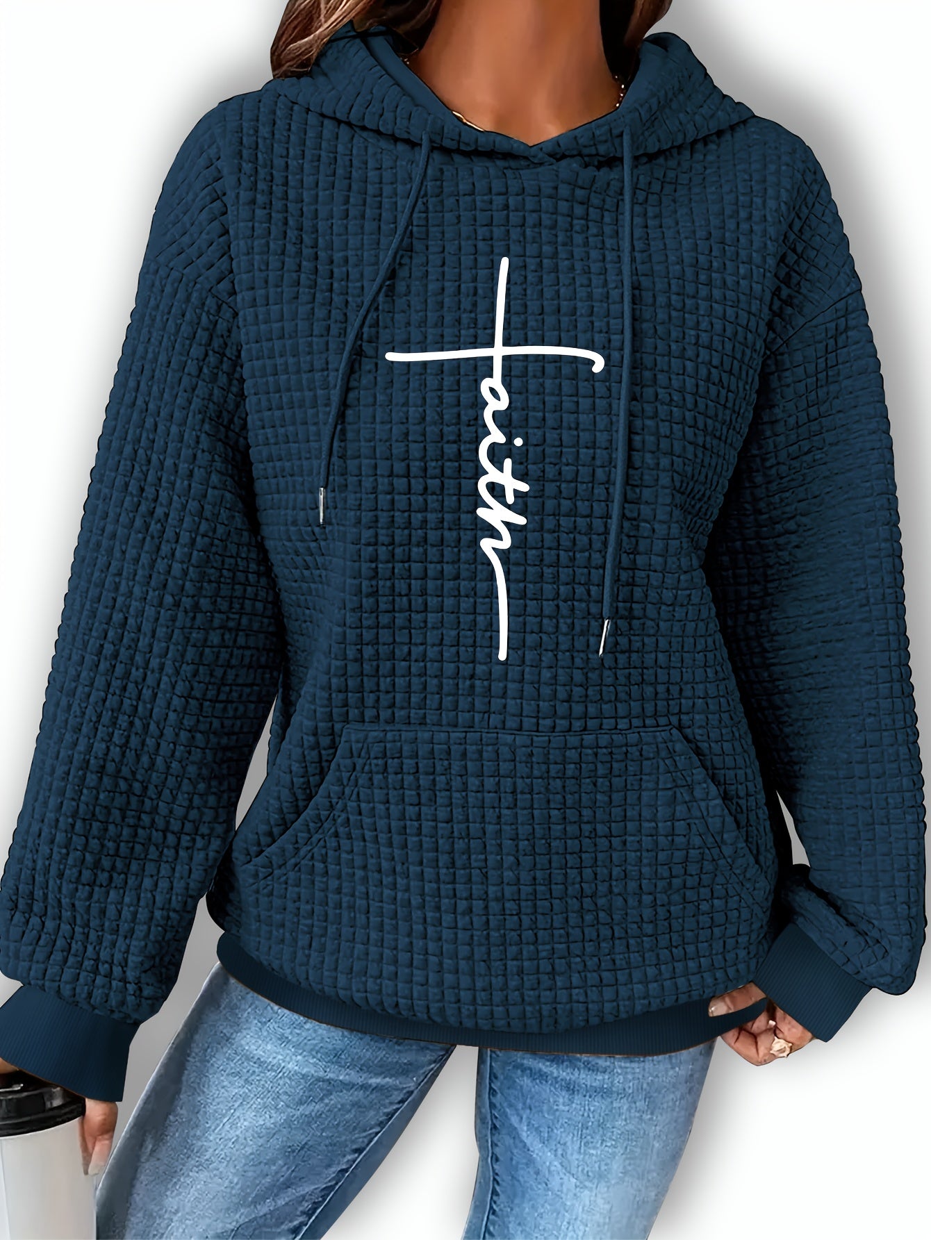 Patterned Long-Sleeve Waffle Drawstring Hoodie