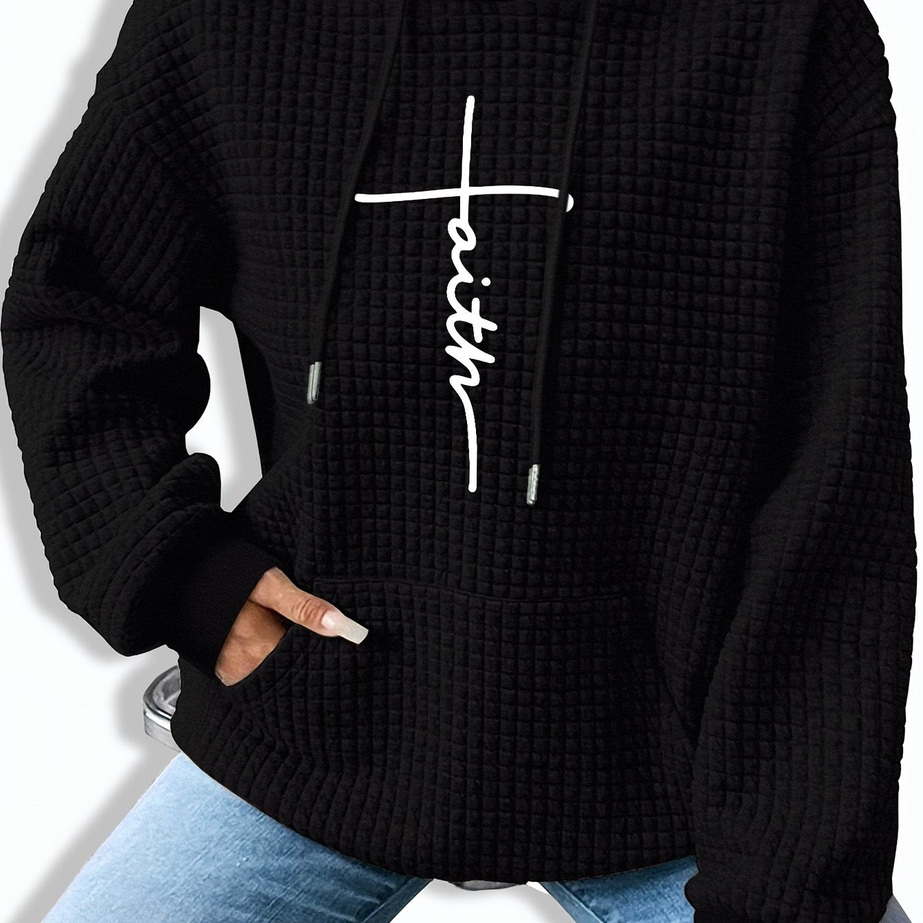 Patterned Long-Sleeve Waffle Drawstring Hoodie