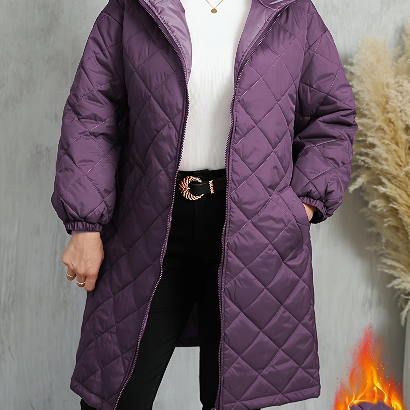 [Purple Quilted Jacket] Winter Women's Elegant Purple Quilted Hooded Jacket | Zip-Up, Long Sleeve, Non-Stretch Fabric with Pockets, Fall/Winter Casual Wear