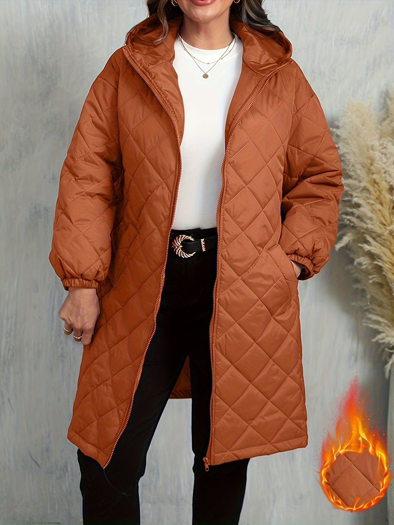 [Purple Quilted Jacket] Winter Women's Elegant Purple Quilted Hooded Jacket | Zip-Up, Long Sleeve, Non-Stretch Fabric with Pockets, Fall/Winter Casual Wear