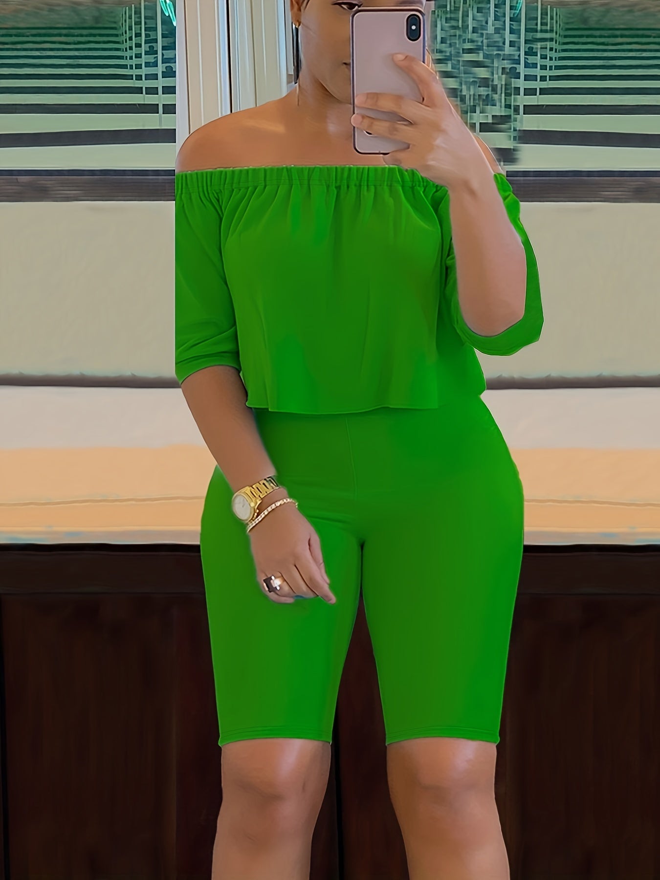 Sexy Solid Fashion Pantsuits Two-piece Set, Off Shoulder Short Sleeve Tops & Slim Shorts Set - Women's Clothing - For Women - Perfect for Parties & Night Out - Ideal Gift for Her