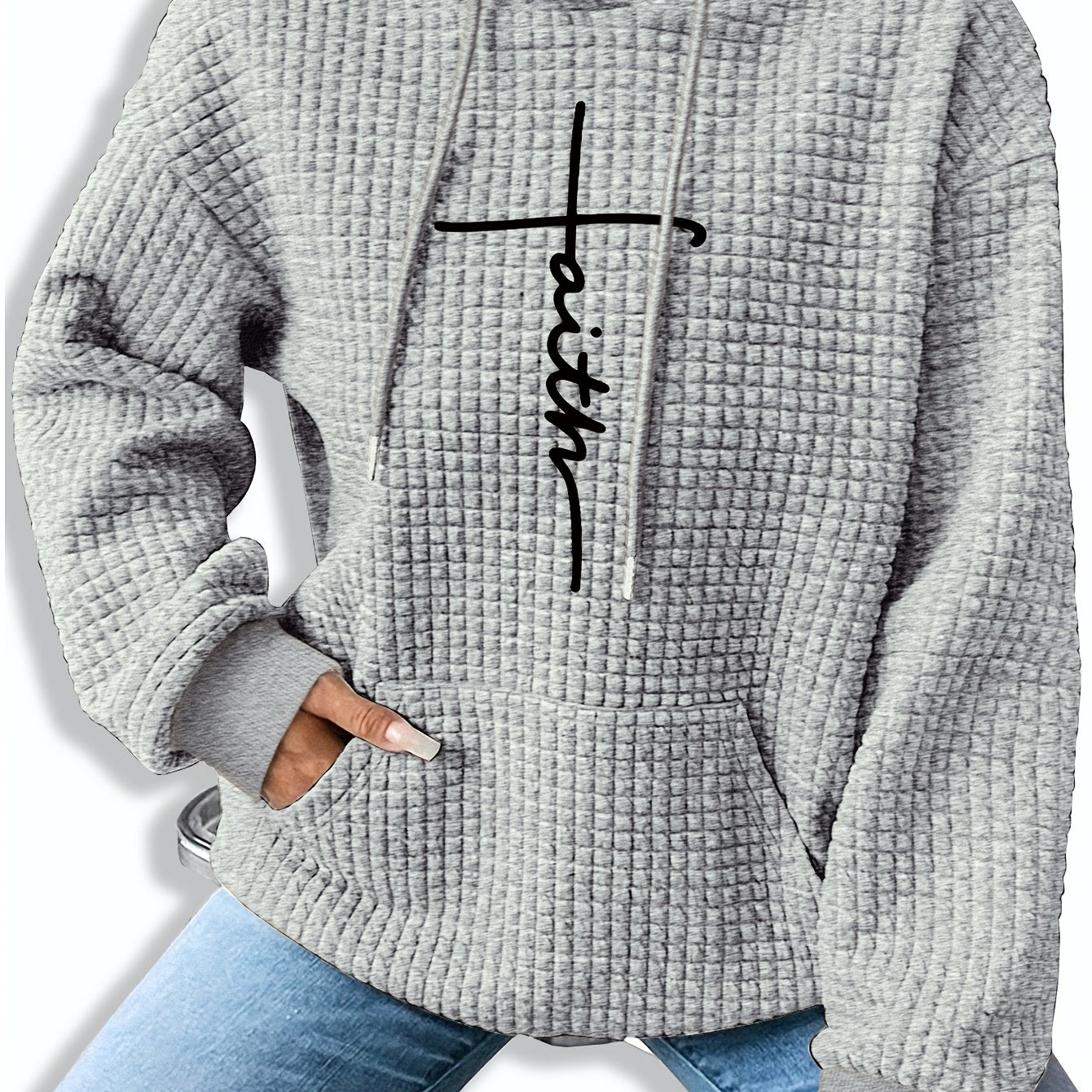 Patterned Long-Sleeve Waffle Drawstring Hoodie