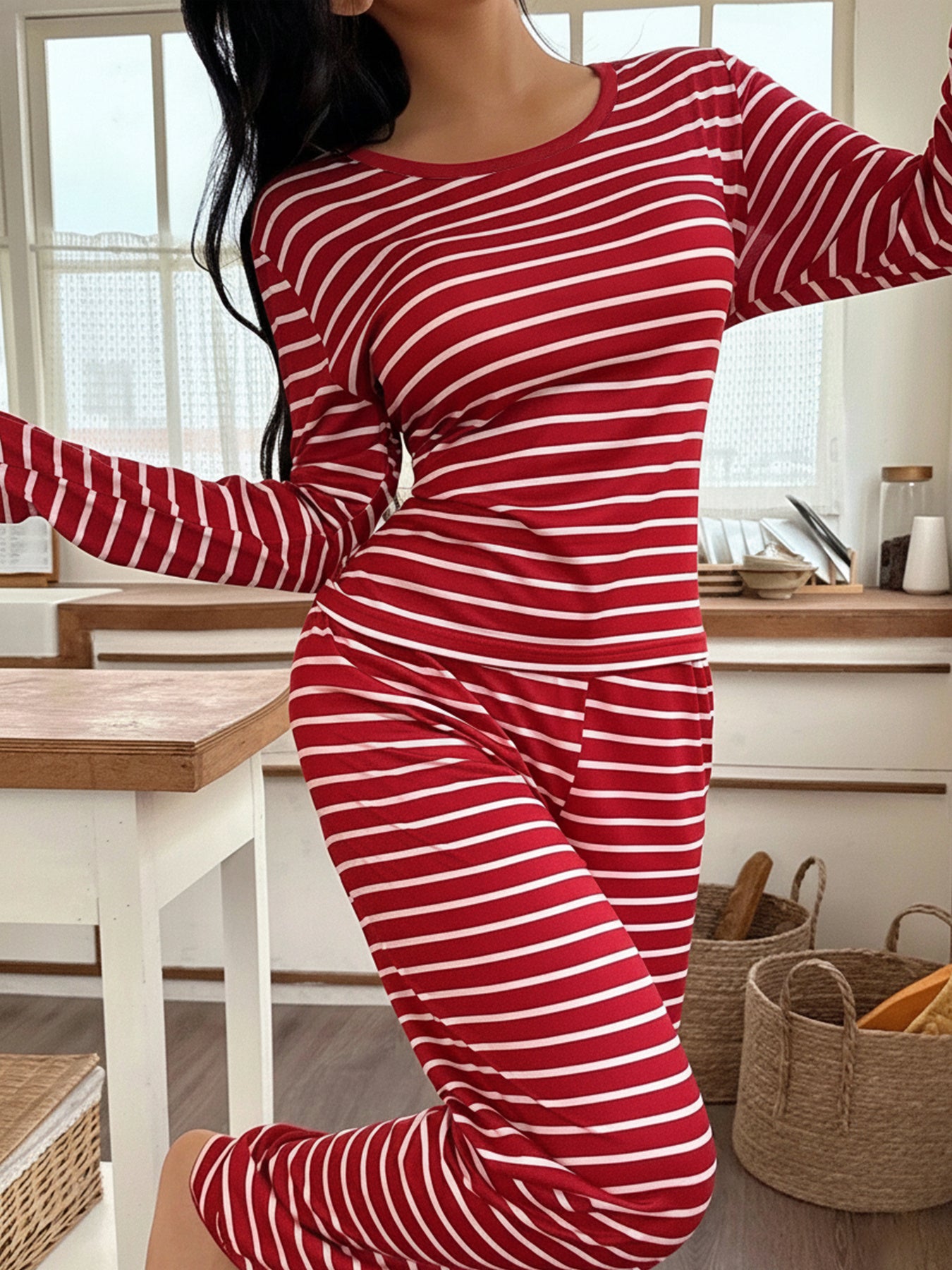 Women's Red and White Striped Casual Round Neck Long Sleeve Top and Pants Pajama Set