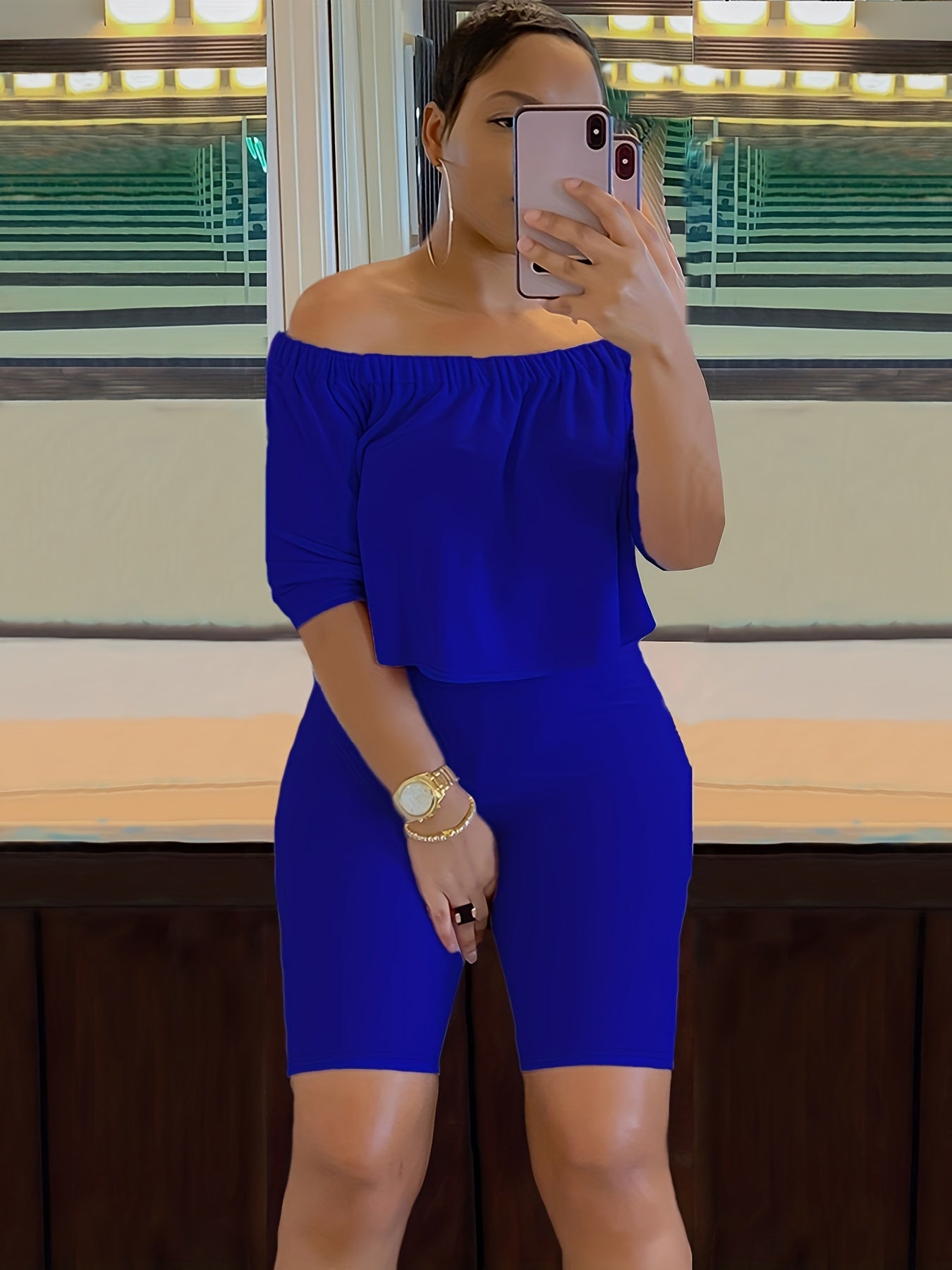 Sexy Solid Fashion Pantsuits Two-piece Set, Off Shoulder Short Sleeve Tops & Slim Shorts Set - Women's Clothing - For Women - Perfect for Parties & Night Out - Ideal Gift for Her