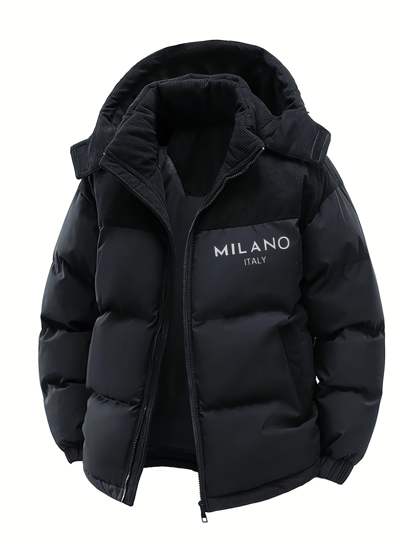 Men'S Casual Faux Fur Jacket with "MILANO ITALIA" Print - Lightweight Hooded Outdoor Coat, Regular Fit, Pockets Included, Fabric, Perfect for Casual Wear, Hooded Jacket