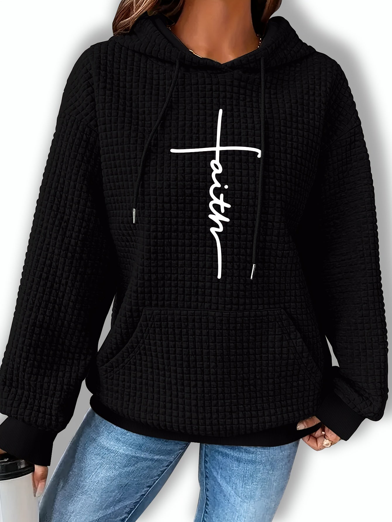 Patterned Long-Sleeve Waffle Drawstring Hoodie