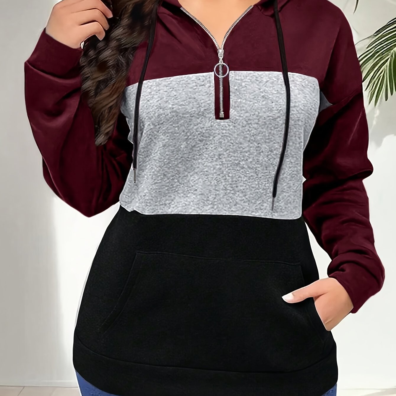 [Women's Zip-Up Hoodie] Burgundy & Dark Tone Color Block Women's Zip-Up Hoodie - Full-Zip Front Closure, Machine Washable Winter Coat for Casual & Formal Outfits, Hooded Sweatshirt, Sleek Fabric