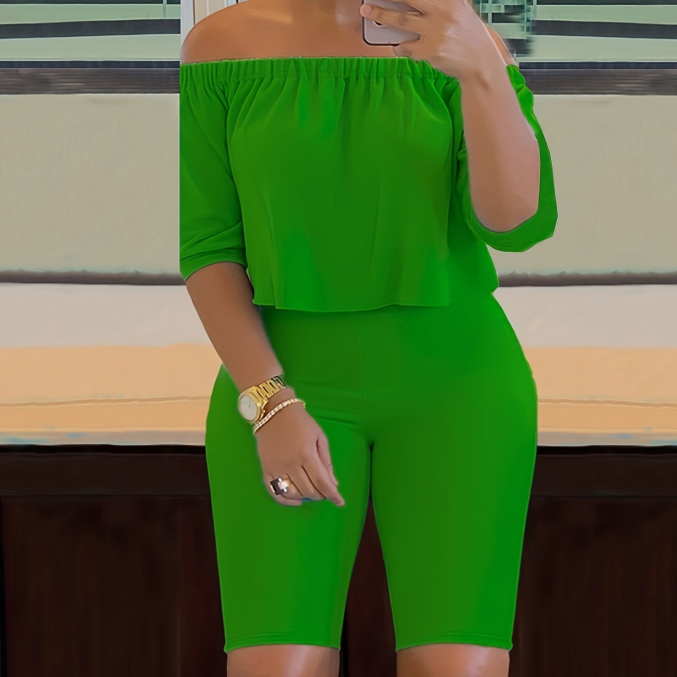 Sexy Solid Fashion Pantsuits Two-piece Set, Off Shoulder Short Sleeve Tops & Slim Shorts Set - Women's Clothing - For Women - Perfect for Parties & Night Out - Ideal Gift for Her