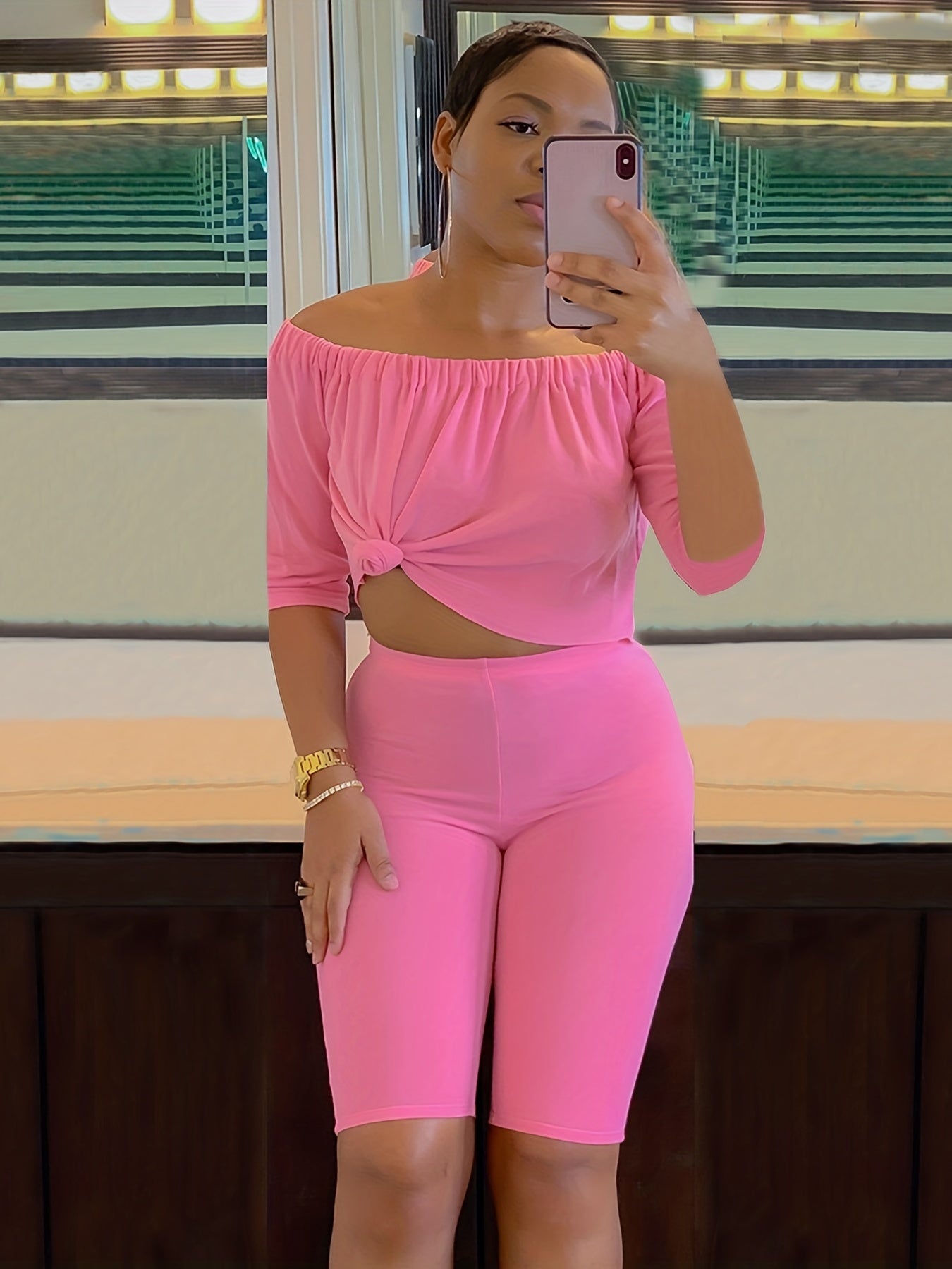 Sexy Solid Fashion Pantsuits Two-piece Set, Off Shoulder Short Sleeve Tops & Slim Shorts Set - Women's Clothing - For Women - Perfect for Parties & Night Out - Ideal Gift for Her