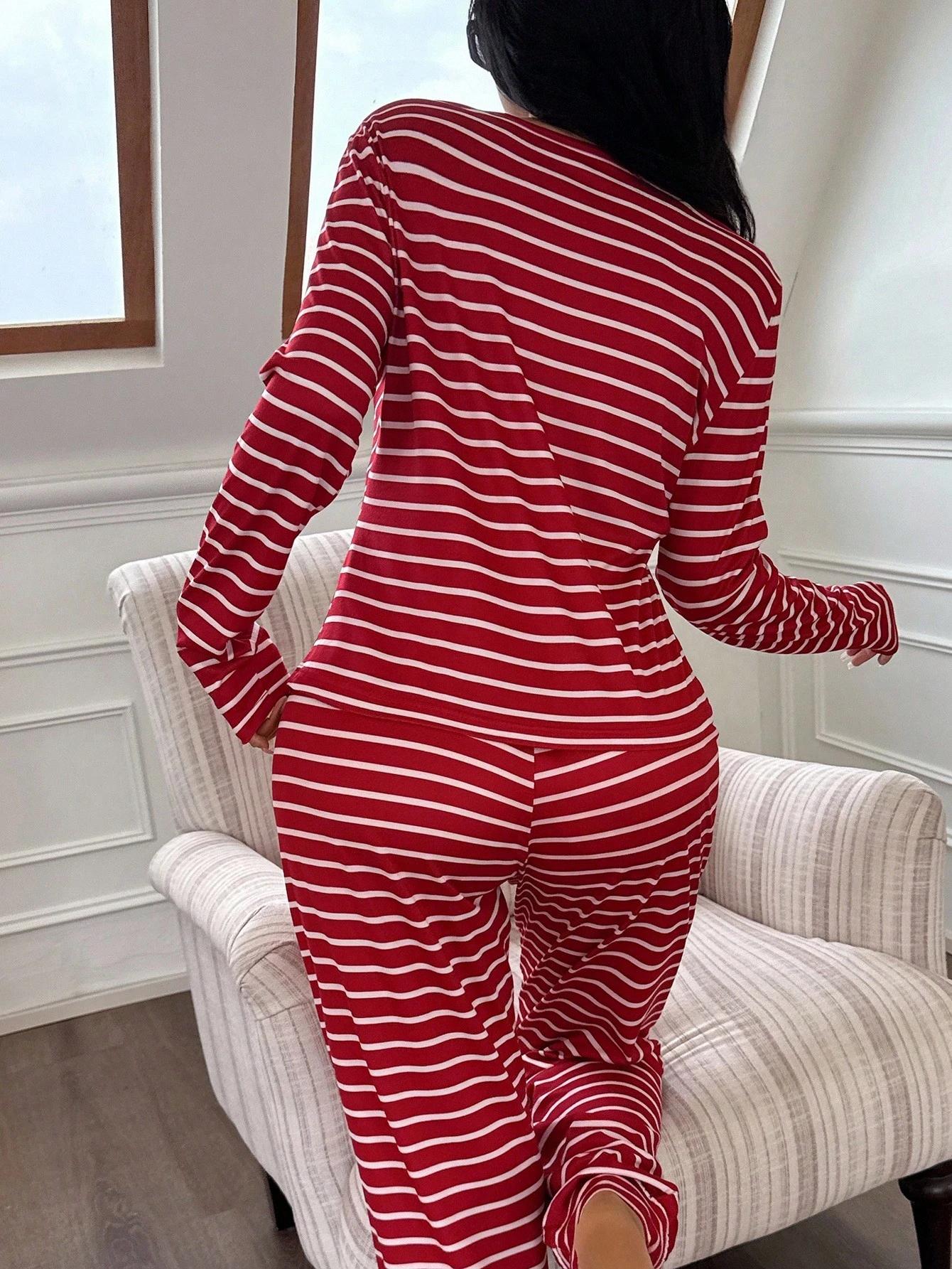 Women's Red and White Striped Casual Round Neck Long Sleeve Top and Pants Pajama Set