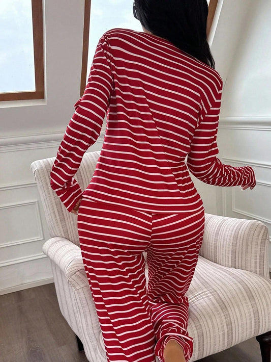 Women's Red and White Striped Casual Round Neck Long Sleeve Top and Pants Pajama Set