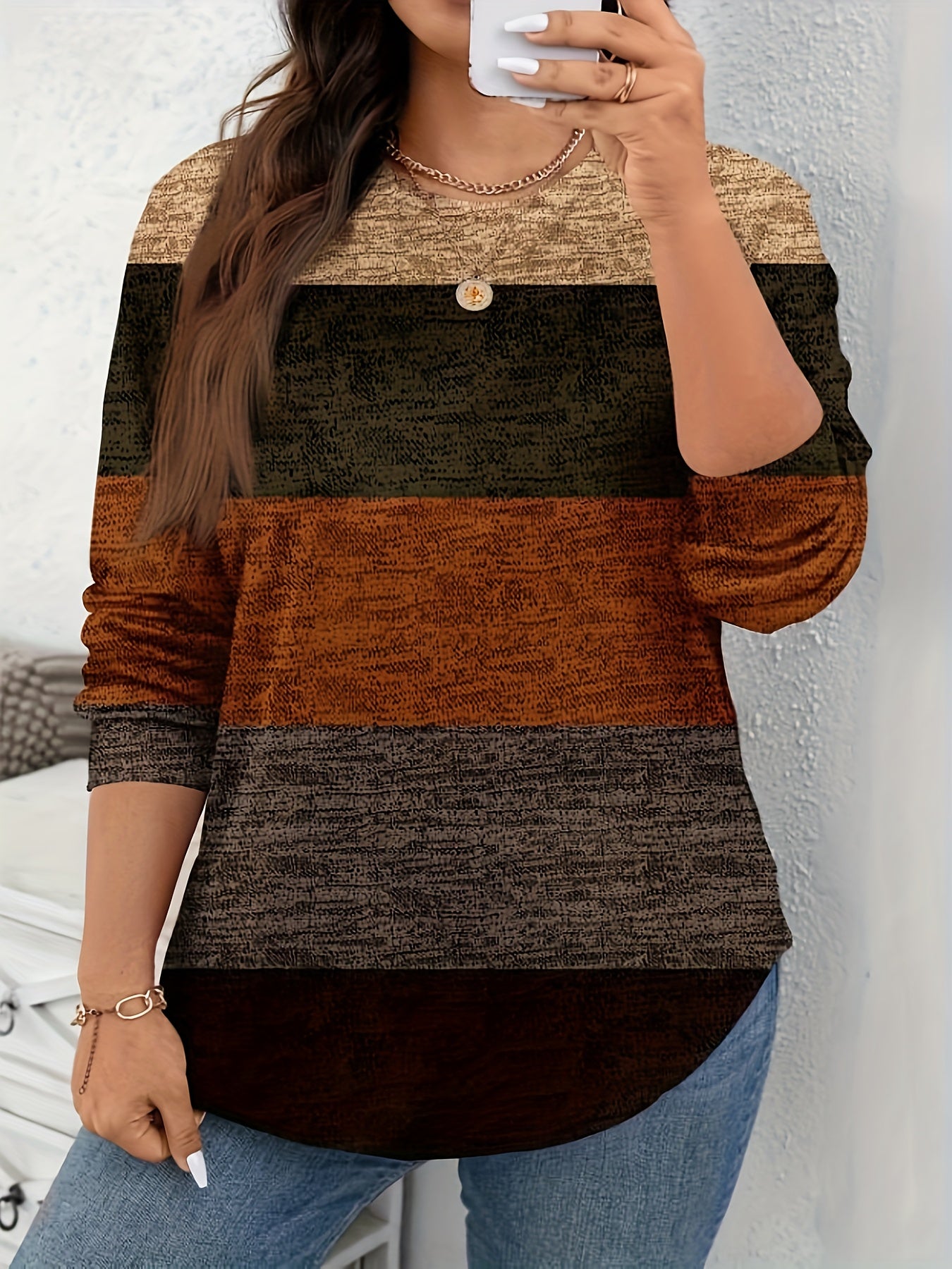 Plus Size - Plus Size - Plus Size - Plus Size - Plus Size, Women'S Plus Size Elegant Long Sleeve T-Shirt - Stretchy Crew Neck Top with Vertical Stripes in Brown