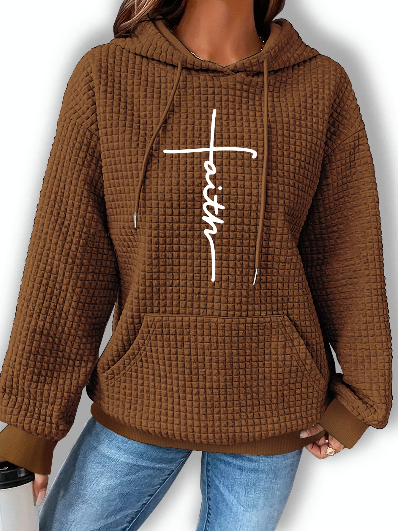 Patterned Long-Sleeve Waffle Drawstring Hoodie